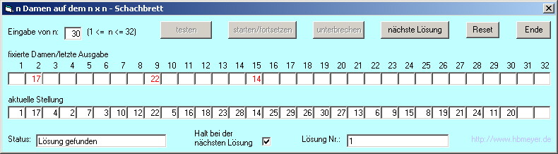 schnelles Programm zur Bestimmung von Lösungen der n-Damen-Aufgabe